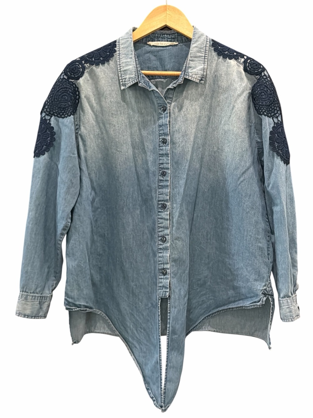 hippie laundry Light Blue Chambray cotton Shirt Navy Crochet Shoulder Accents L